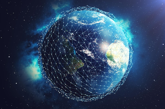 3D-rendering Netwerk- en gegevensuitwisseling over de planeet aarde in de ruimte. Verbindingslijnen rond Earth Globe. Wereldwijde internationale connectiviteit. Elementen van deze afbeelding geleverd door NASA