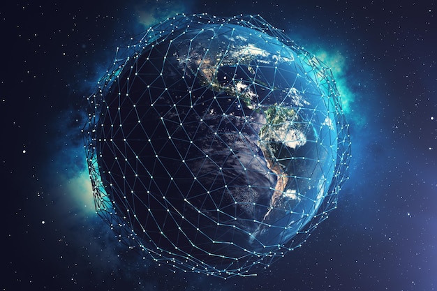 3D-rendering Netwerk- en gegevensuitwisseling over de planeet aarde in de ruimte. Verbindingslijnen rond Earth Globe. Wereldwijde internationale connectiviteit. Elementen van deze afbeelding geleverd door NASA