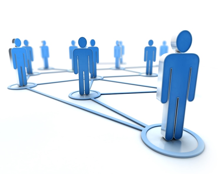 Photo 3d rendering of a network of blue individuals