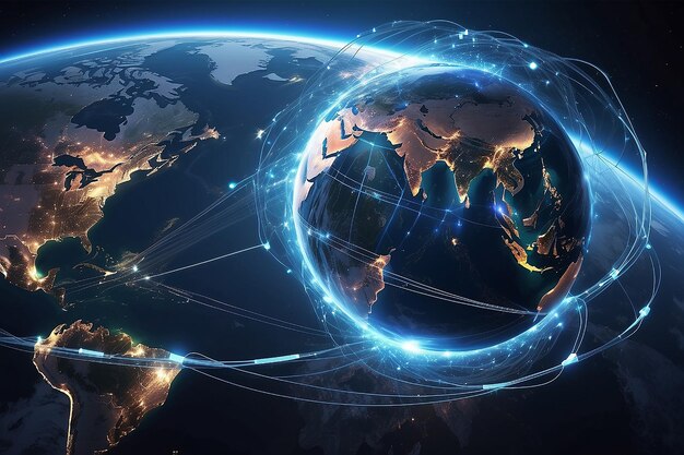 3d rendering network and data exchange over planet earth in space connection lines around earth globe blue sunrise global international connectivity elements of this image furnished by nasa