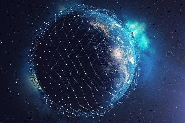 宇宙の惑星地球上での3Dレンダリングネットワークとデータ交換。地球儀周辺の接続線。グローバルインターナショナルコネクティビティ。 NASAによって提供されたこの画像の要素