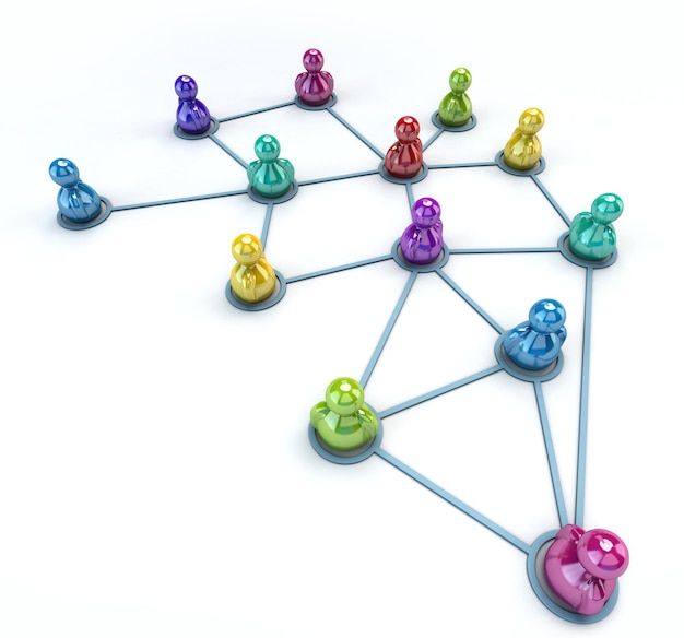 3D rendering of a network of multicolored chess pawns
