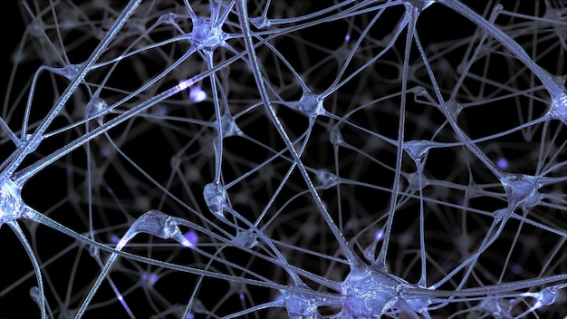 Foto rendering 3d di una rete di cellule neuronali e sinapsi attraverso le quali passano impulsi elettrici e scariche durante la trasmissione di informazioni all'interno del cervello umano