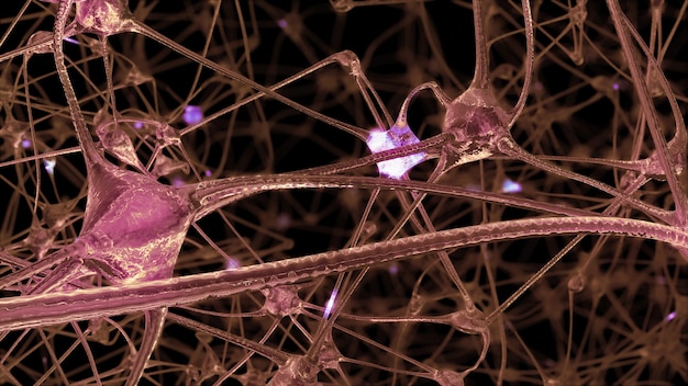 Rendering 3d di una rete di cellule neuronali e sinapsi attraverso le quali passano impulsi elettrici e scariche durante la trasmissione di informazioni all'interno del cervello umano