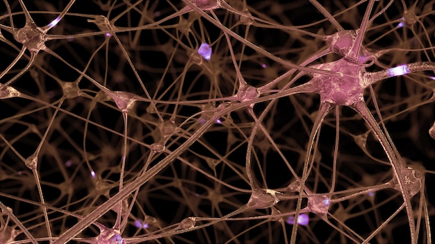 Foto rendering 3d di una rete di cellule neuronali e sinapsi attraverso le quali passano impulsi elettrici e scariche durante la trasmissione di informazioni all'interno del cervello umano