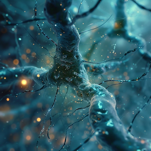 3d rendering of a neuron cell with neurons in the brain
