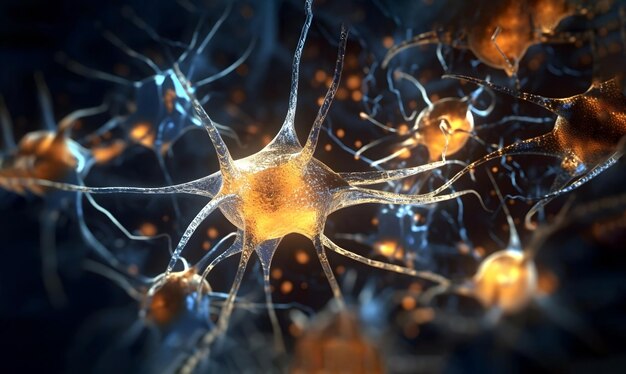 3d rendering of neuron cells with glowing in human brain