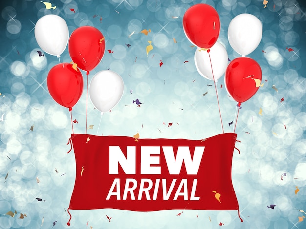 3d rendering new arrival concept with red cloth banner, red balloons and confetti