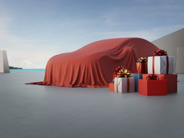 3d rendering of new car covered with red cloth