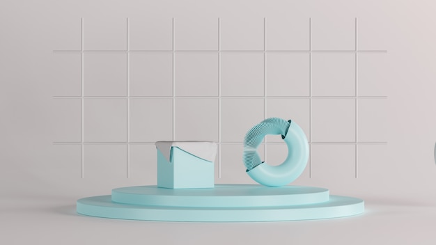 3D rendering new luxury background, blue object shapes on white floor, 3D illustration