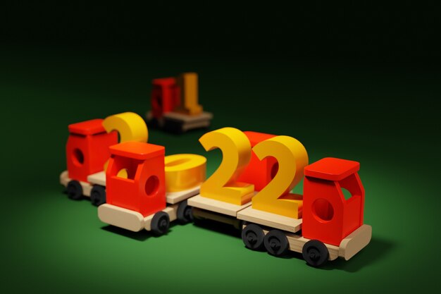 Rendering 3d della data di capodanno 2022 su un camion giocattolo per bambini. immagine di un calendario. simbolo del prossimo anno. mutabilità degli anni.