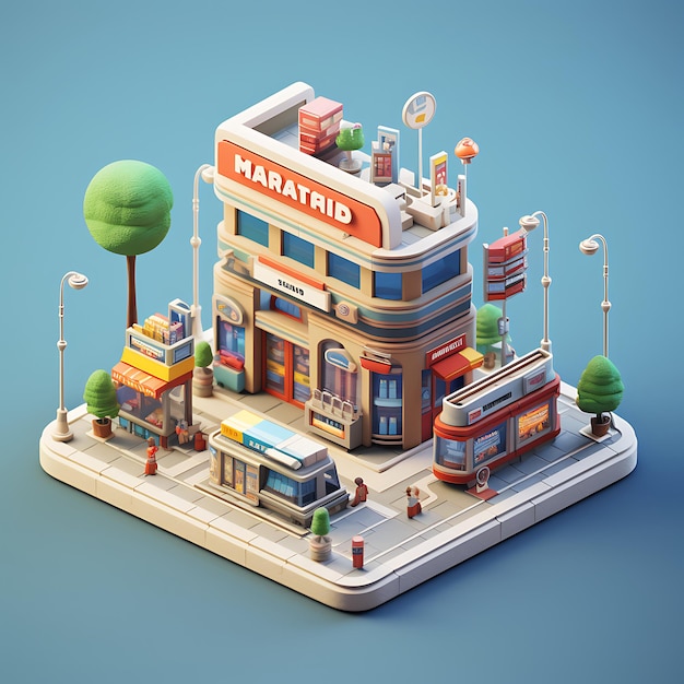 Photo 3d rendering of newsstand city isometric miniature