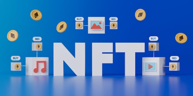 3D-rendering NFT of niet-verwisselbare token banner Concept blockchain-technologie illustratie