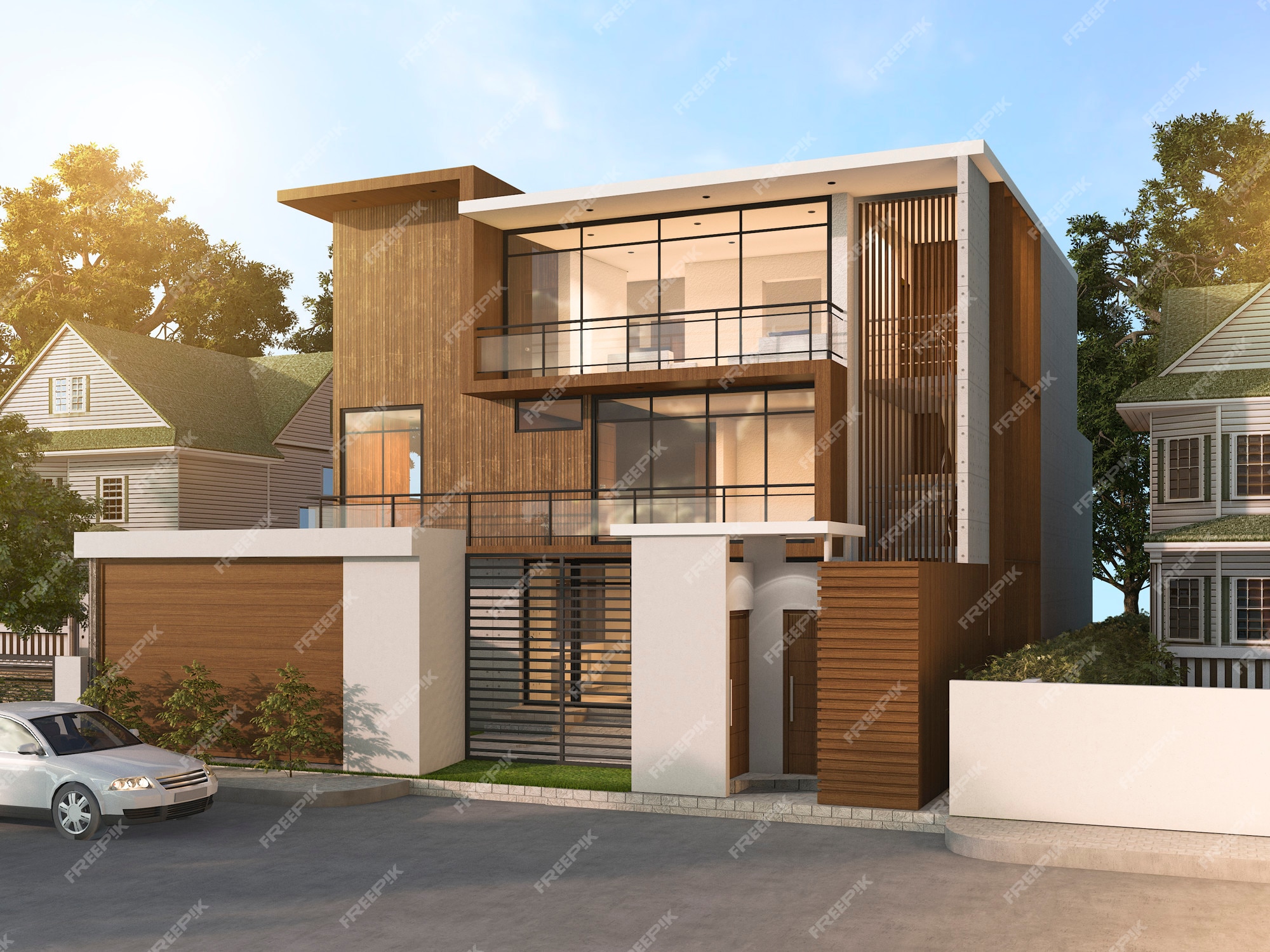 Premium Photo | 3d rendering nice modern style wood house in beautiful  village