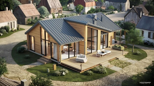 3d rendering nice modern style wood house in beautiful village