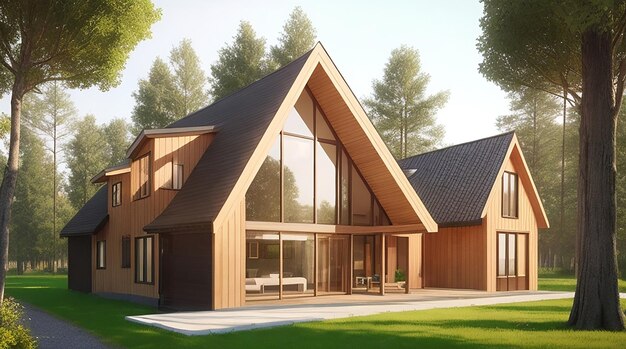 3d rendering nice modern style wood house in beautiful village