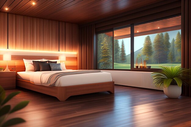 3d rendering nice modern style wood house in beautiful village