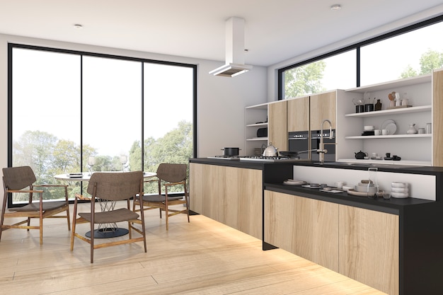 3d rendering nice view wood kitchen and dining room