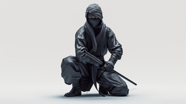 A 3D rendering of a ninja in a black suit kneeling on one knee with a sword in his hand