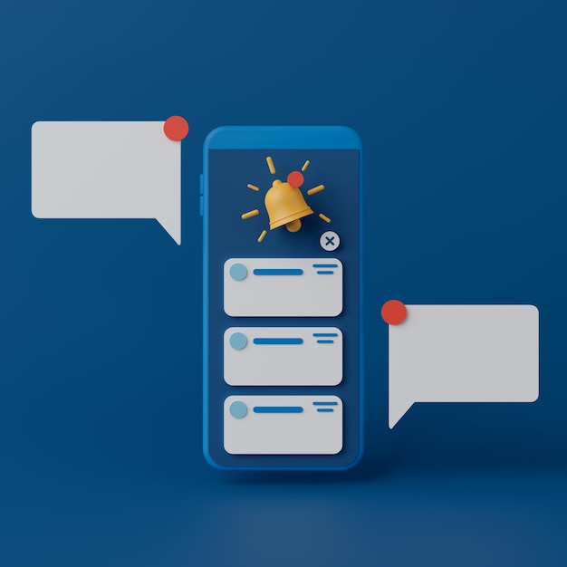 Foto interfaccia del centro di notifica del rendering 3d su smartphone con fumetti vuoti e icona a forma di campana