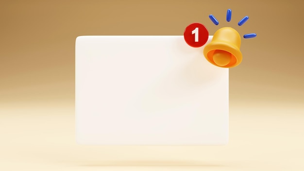Foto rendering 3d della campana gialla di notifica con una nota vuota sullo sfondo a colori concetto di promemoria dei social media