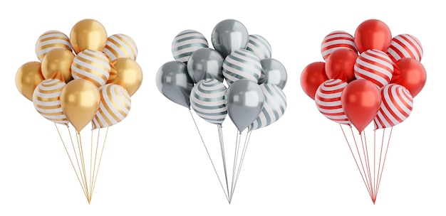 Photo 3d rendering object. three color gold gray and red balloon set isolated on white background. clipping path image.