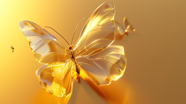 写真 透明な翼を持つ美しい金色の蝶の3dレンダリング 蝶は横から見られ,焦点を当てています