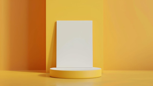 写真 黄色い背景のポディウム上にある白い垂直のポスターの3dレンダリング
