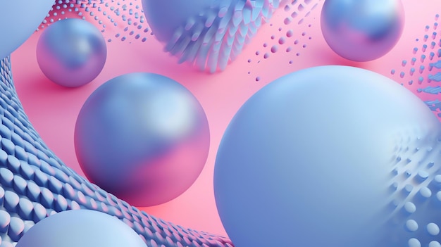 Фото 3d-рендеринг синего и розового абстрактного фона с сферами и другими формами