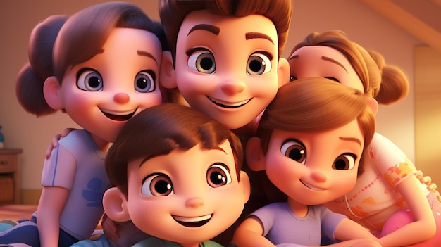 Фото 3d-рендеринг крупного карикатурного изображения группы детей улыбающаяся семья смотрит на камеру в доме