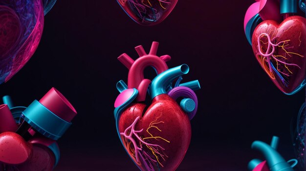 Фото 3d-рендеринг красочного человеческого сердца на темном фоне