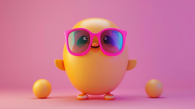 Фото 3d-рендеринг милого и смешного мультфильма курицы в солнцезащитных очках курица желтая с круглым телом и с большими розовыми солнце защитными очками
