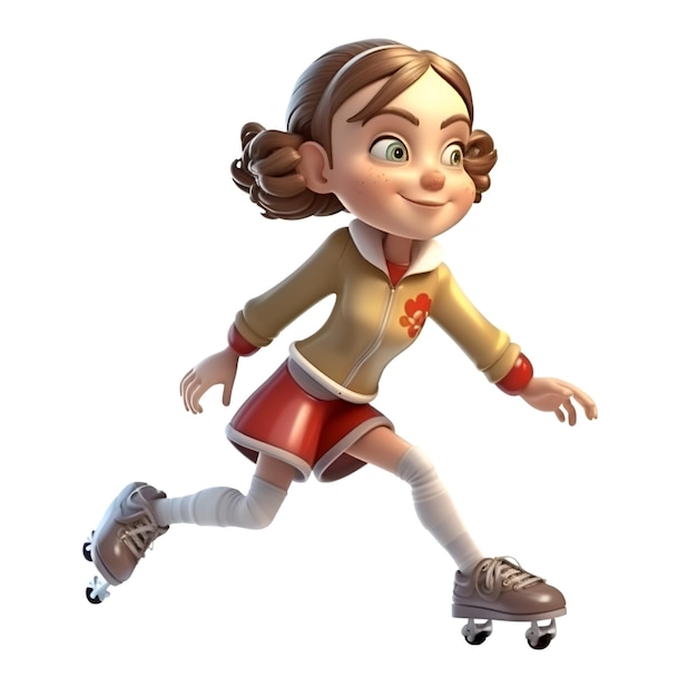 사진 색 바탕에 고립된 롤러 스케이트를 타고 있는 귀여운 만화 소녀의 3d 렌더링