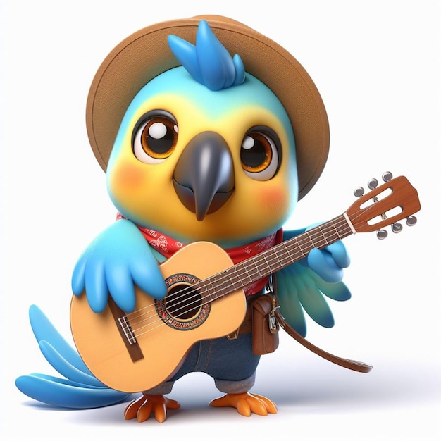 Фото 3d-рендеринг милого карикатурного попугая с гитарой, изолированной на белом фоне