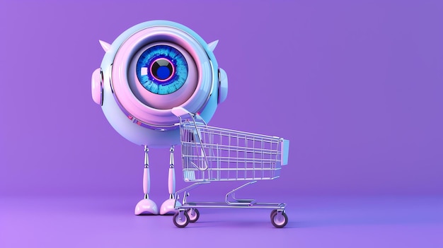 Фото 3d-рендеринг милого робота с глазом вместо головы и корзиной для покупок робот стоит на фиолетовом фоне и смотрит в камеру