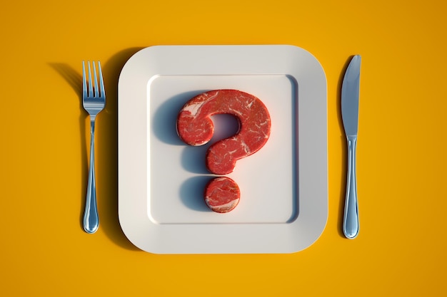 Фото 3d визуализация блюда с сырым мясом в форме вопросительного знака