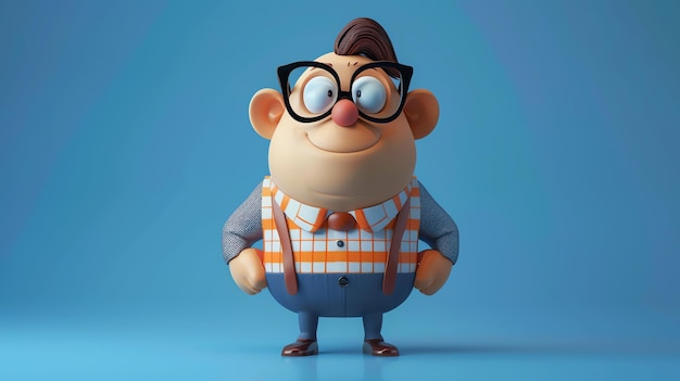 Фото 3d-рендеринг смешного персонажа мультфильма персонаж - мужчина в очках, клетчатой рубашке и подвязках