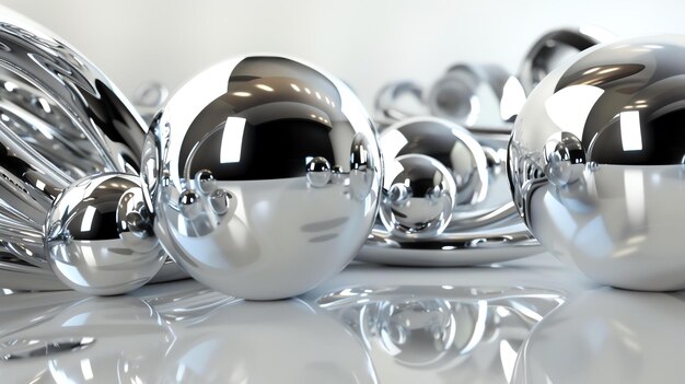 写真 3d レンダリング 輝く金属球のグループを反射表面に 球は異なるサイズで ランダムな順序で配置されています