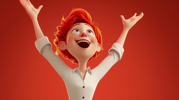 Фото 3d-рендеринг счастливого персонажа мультфильма с рыжими волосами и веснушками персонаж носит белую рубашку и поднял руки в воздух