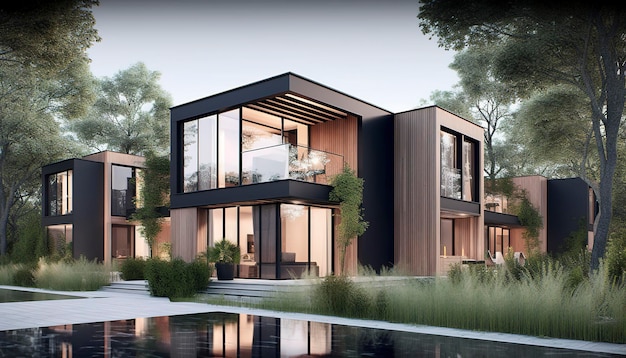 사진 나무와 콘크리트로 된 대형 현대식 주택의 3d 렌더링은 ai를 생성합니다.