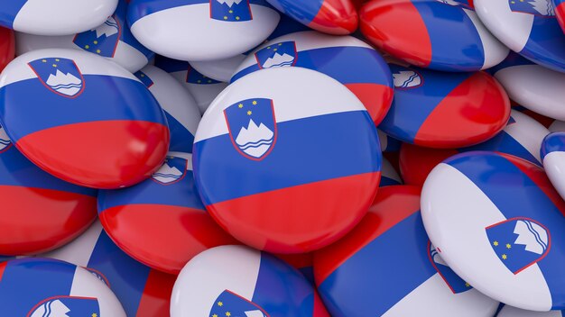 写真 クローズアップビューでスロベニアの旗とバッジの多くの3dレンダリング
