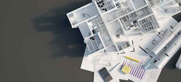 Фото 3d-рендеринг макета многоквартирного дома на черной поверхности с формой заявки на ипотеку, калькулятором, чертежами и т. д.