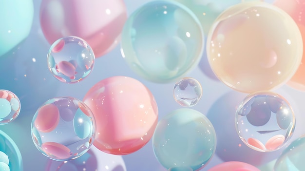 写真 パステル色の泡の3dレンダリング泡は空中に浮かび表面は光り輝く泡は柔らかい光に囲まれています