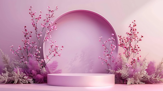 写真 3dレンダリング ピンクのポディウムと円形の背景 ポーディウムはピンクの花と植物に囲まれています 背景は柔らかいピンク色です