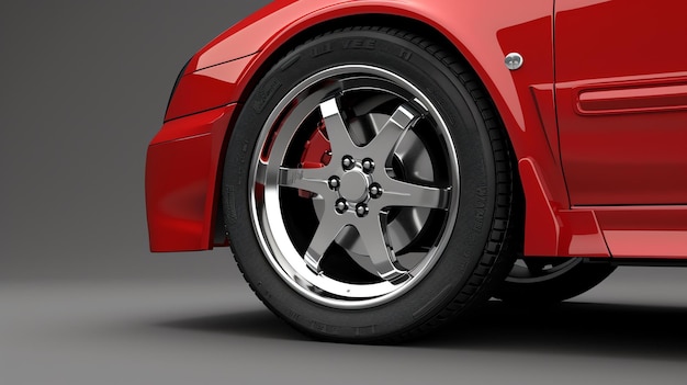 사진 빛나는 은색 을 가진 빨간색 자동차 바의 3d 렌더링 차는 바와 타이어의 세부 사항을 보여주는 낮은 각도에서 볼 수 있습니다.