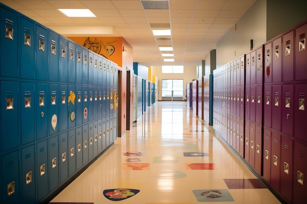 Фото 3d-рендеринг школьного коридора с шкафчиками в ряд
