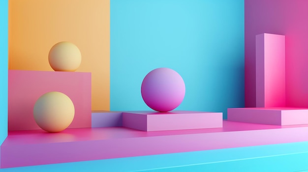 Фото 3d-рендеринг простой геометрической сцены с шарами и подиумами шары помещаются на подиумах перед красочным фоном