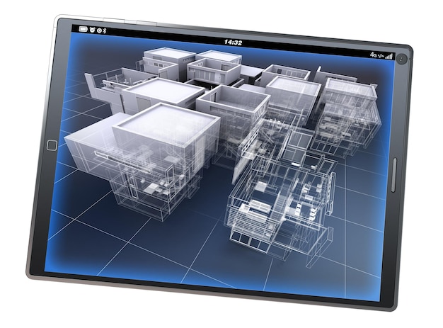사진 부분적으로 완료되고 부분적으로 와이어프레임이 있는 아키텍처 모델이 있는 태블릿 pc의 3d 렌더링