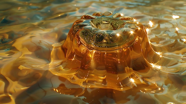 Фото 3d-рендеринг прозрачной золотой жидкости, плавающей на поверхности. жидкость имеет форму медузы с круглым телом и длинными движущимися щупальцами.