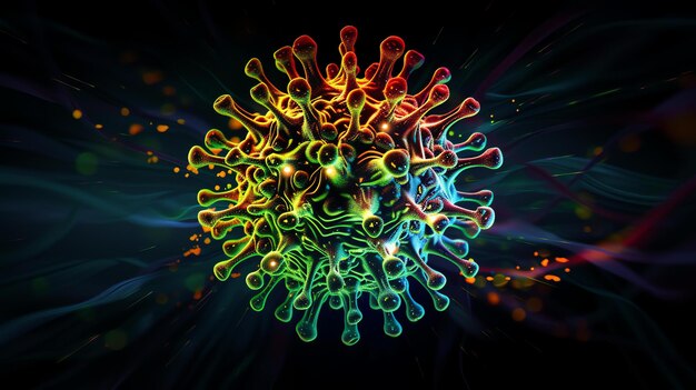사진 바이러스의 3d 렌더링 바이러스는 둥글고 니 모양의 표면을 가지고 있으며 밝은 색으로 빛나고 있으며 바이러스는 검은 바탕에 설정되어 있습니다.